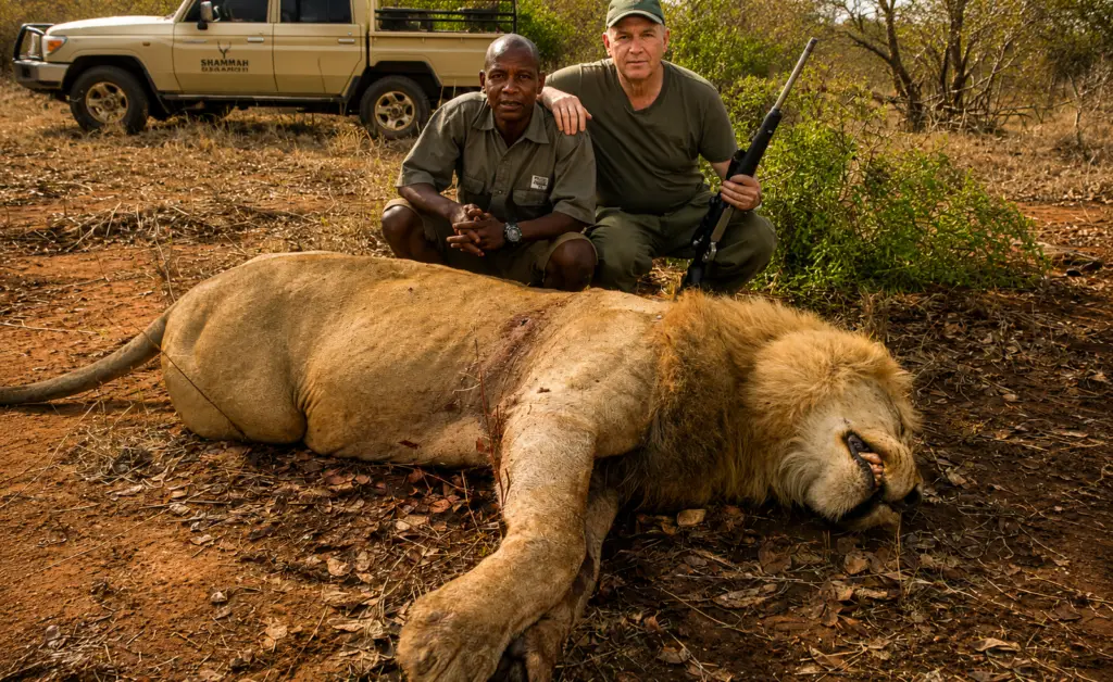Professional guide and client posing with a lion trophy in the Zimbabwean bush
