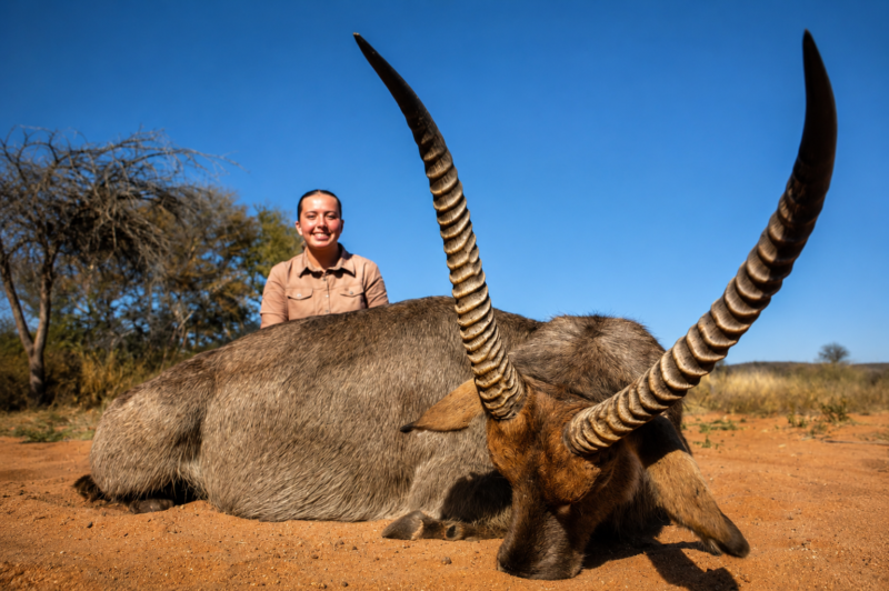 Safari guest posing behind a greater kudu trophy in Zimbabwe